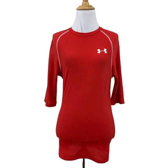 Under Armour Compression T Shirt Women M Red 1/2 Sleeve Fitted Stretch Training - Picture 1 of 12